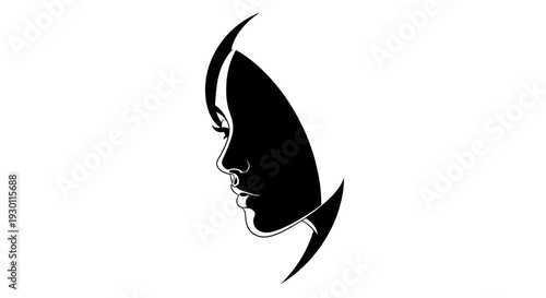 Stylized female portrait illustration in elegant monochrome vector art profile view