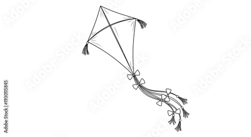Elegant black outline drawing of a classic diamond kite with decorative bows and flowing tassels