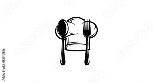Classic black and white chef hat with spoon and fork culinary emblem design perfect for restaurant