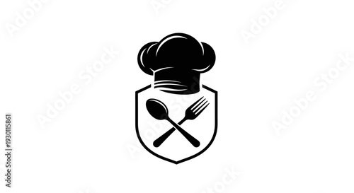 Distinguished culinary emblem design portraying a classic chef's toque and crossed dining utensils