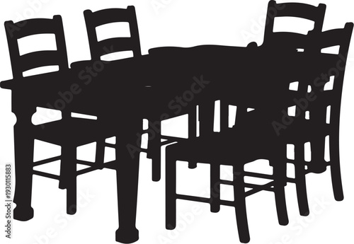 Black silhouette of table and chairs white background