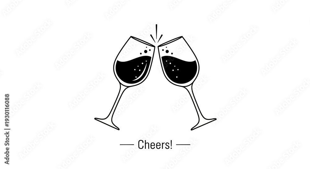 Obraz premium Minimalist illustration of two wine glasses clinking in a toast with a celebratory message below