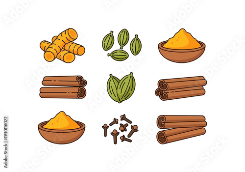 Assorted Spices and Herbs in Bowls and Piles.