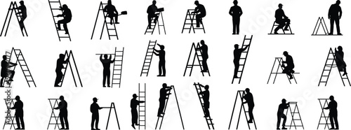 Construction Worker Silhouette Icons Set Featuring Ladder Climbing, Tool Use, Sitting, and Occupational Gestures for Industrial and Safety Design