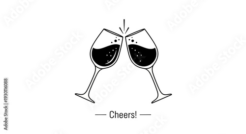 Minimalist illustration of two wine glasses clinking in a toast with a celebratory message below