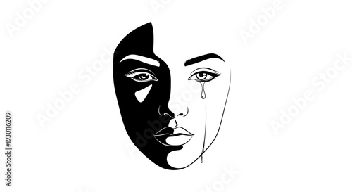 Striking monochromatic illustration of a woman's face depicting contrasting emotions and a single