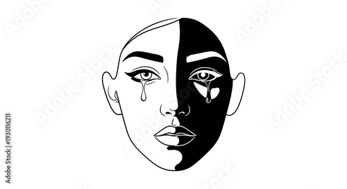 Stylized face with a dramatic black and white split expressing sorrow and inner conflict