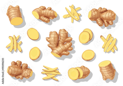 Sliced and Whole Ginger Roots Display.