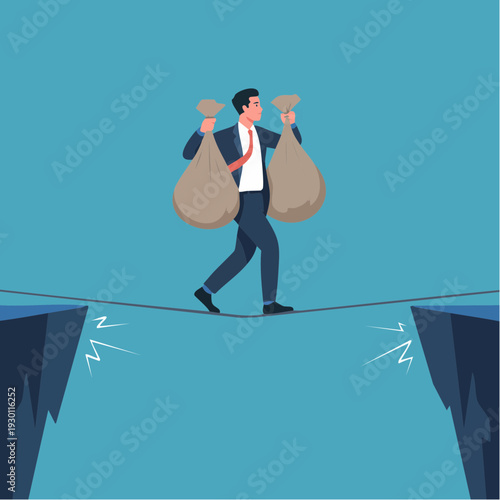 Businessman Walking Tightrope with Heavy Money Bags Over Dangerous Cliff