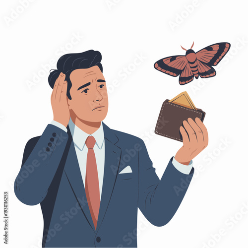 Businessman with Empty Wallet and Moth Flying Out, Symbolizing Financial Problems and Economic Crisis