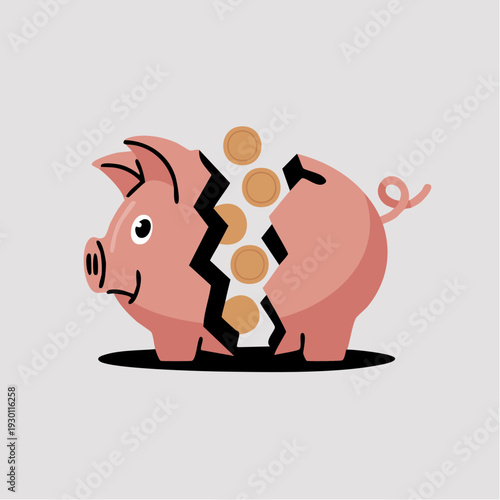 Broken Piggy Bank Revealing Gold Coins Symbolizing Financial Crisis and Savings Depletion