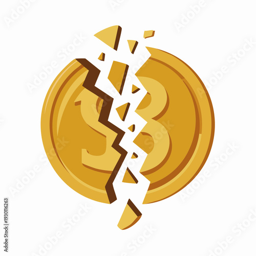 Broken Golden Dollar Coin Shattering, Symbolizing Financial Crisis and Economic Collapse