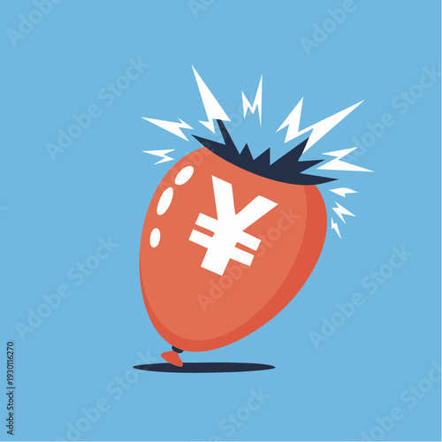 Red Yen Yuan Currency Balloon Popping, Symbolizing Economic Bubble Burst and Financial Crisis