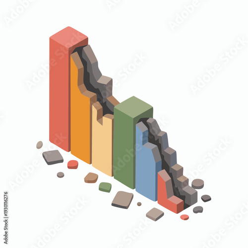 Crumbling Isometric Bar Chart Illustrating Economic Decline, Business Crisis, and Financial Failure.