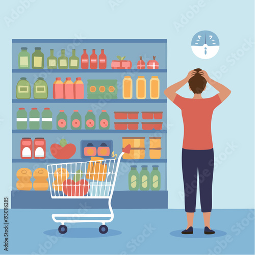 Stressed Person Feeling Overwhelmed by Choices in Busy Supermarket Aisle with Shopping Cart