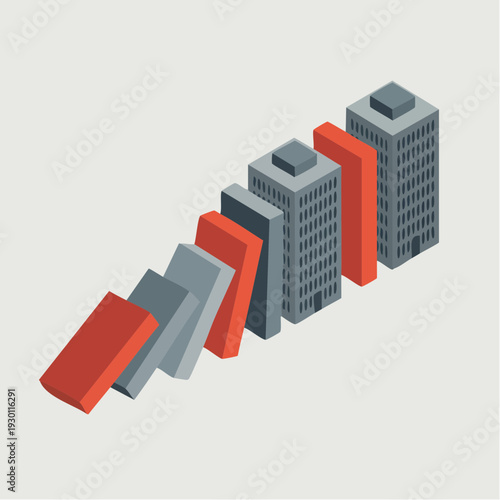 Business buildings falling in domino effect showing financial crisis and risk