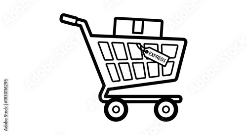 Express delivery service icon showing a shopping cart with a package and tag for fast shipping needs