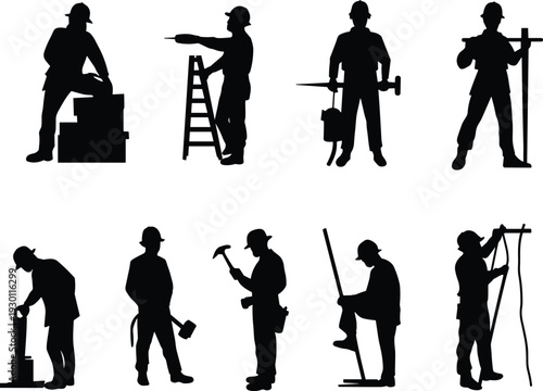 Construction Worker Silhouette Icons Set Featuring Ladder Use, Toolbox Carrying, Drilling, Measuring, Hammering, and Cable Tasks for Occupational Design