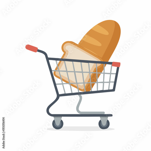 Shopping Cart with Fresh Bread Loaf Illustration on White Background