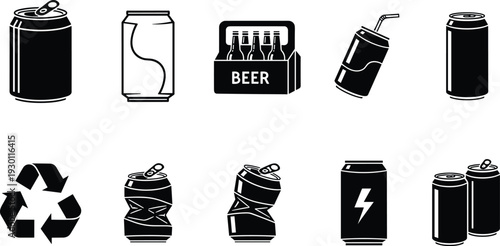 Aluminum drink can collection with soda, beer pack and recycling icon, black silhouette beverage containers vector illustration isolated on white background