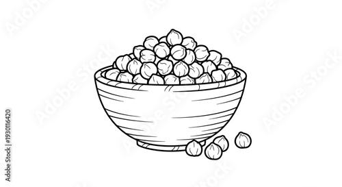 Minimalist hand-drawn illustration of nutritious chickpeas overflowing from a rustic bowl design