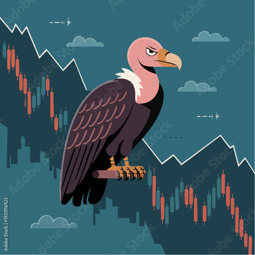 Ominous Vulture Illustration Perched Overlooking Stock Market Crash and Financial Downturn