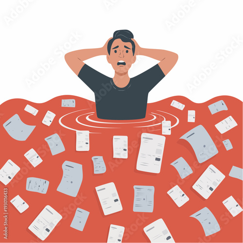 Overwhelmed Man Drowning in Sea of Paperwork and Documents Feeling Stressed