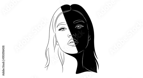Striking graphic illustration of a woman's face depicting contrast and duality with light and shadow