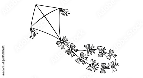Whimsical monochrome kite illustration with an elegant decorative bow string tail design for