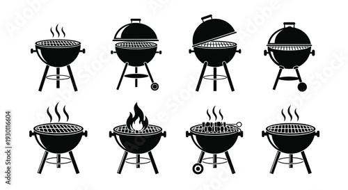 Black BBQ kettle grill icons set with charcoal fire smoke skewers and lids isolated on white background for outdoor summer picnic barbecue party designs.