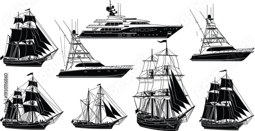 Black ship silhouettes set including vintage sailing vessels tall ships luxury yachts and modern motor boats isolated on white background for nautical design projects.