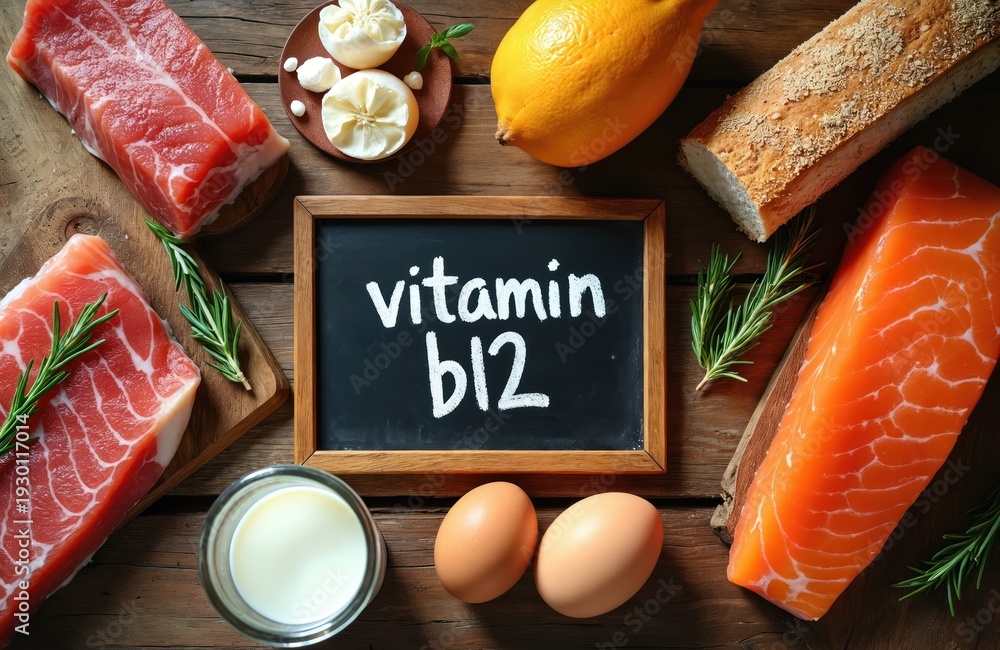 custom made wallpaper toronto digitalRaw foods rich in vitamin B12 arranged on rustic wood. Salmon fillet beef meat eggs milk cheese and lemon with rosemary and chalkboard stating Vitamin B12.