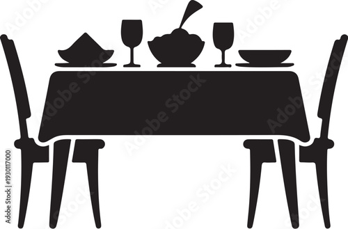 Black silhouette of table set for dinner with two chairs