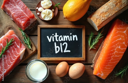 Wallpaper Mural Raw foods rich in vitamin B12 arranged on rustic wood. Salmon fillet beef meat eggs milk cheese and lemon with rosemary and chalkboard stating Vitamin B12. Torontodigital.ca