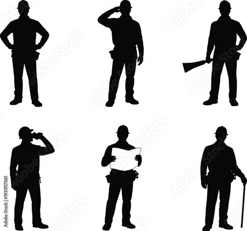 Construction worker silhouettes set with tools and equipment isolated on white background