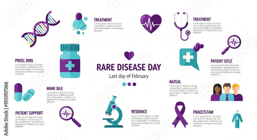 Rare disease day awareness campaign infographic with medical symbols and icons on white background