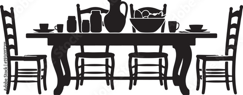 Black silhouette of table set for meal with four chairs