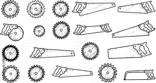 Assorted Hand Drawn Saw Blades and Hand Saws Illustration