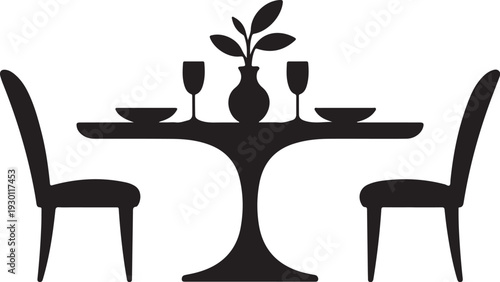 Black silhouette of table set for two with plant chairs