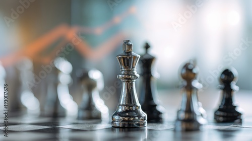 Strategic king chess piece on board with blurry financial growth charts in background