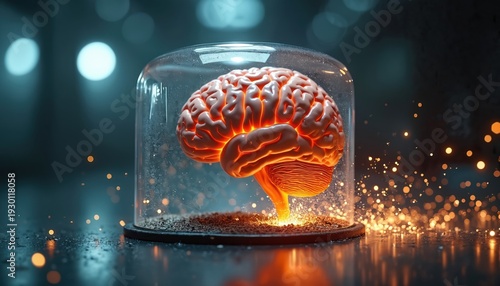 Wallpaper Mural Glowing human brain in protective glass dome. Futuristic lab setting with sparks and bright lights. Concept for AI, science, and medical innovation. Torontodigital.ca