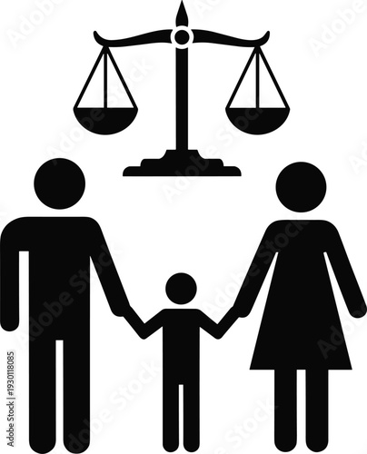 Black silhouette of a family with scales of justice representing family law child custody and legal rights for domestic cases