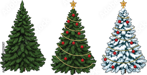 Christmas tree set with decorated and snow covered fir trees, festive holiday vector illustration isolated on white background for winter celebration design