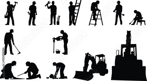 Construction worker silhouettes with tools and heavy machinery isolated on white background