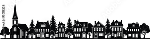 Black Silhouette of a Small Town Neighborhood Skyline with Church Spire Traditional Houses and Trees Representing Community Suburban Life and Architecture