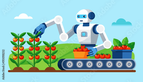 Robot Picking Tomatoes in Automated Farm Illustration