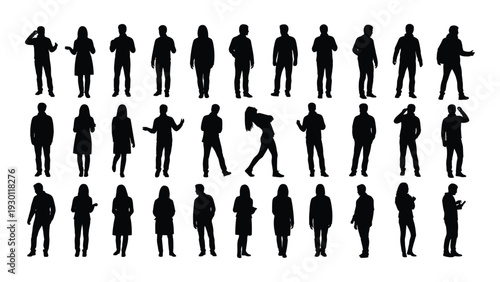 A collection of black silhouettes of people in various poses isolated on white background, Vector