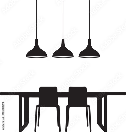 Black silhouette of table with two chairs and three hanging lamps
