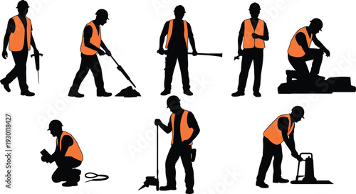 Construction worker silhouettes, hammer blueprint, power drill usage, toolbox carrying, ladder climbing, site inspection, hard hat safety, teamwork artwork design