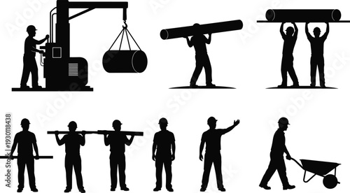 Construction workers silhouette set with heavy equipment and manual labor poses, industrial builder team lifting pipes and operating machinery vector illustration isolated on white